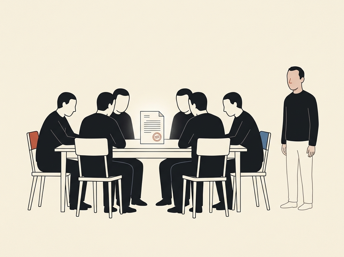 Donkere figuren rond een keukentafel staren allemaal naar een gestempeld vel papier, terwijl een man apart en ongezien toekijkt.