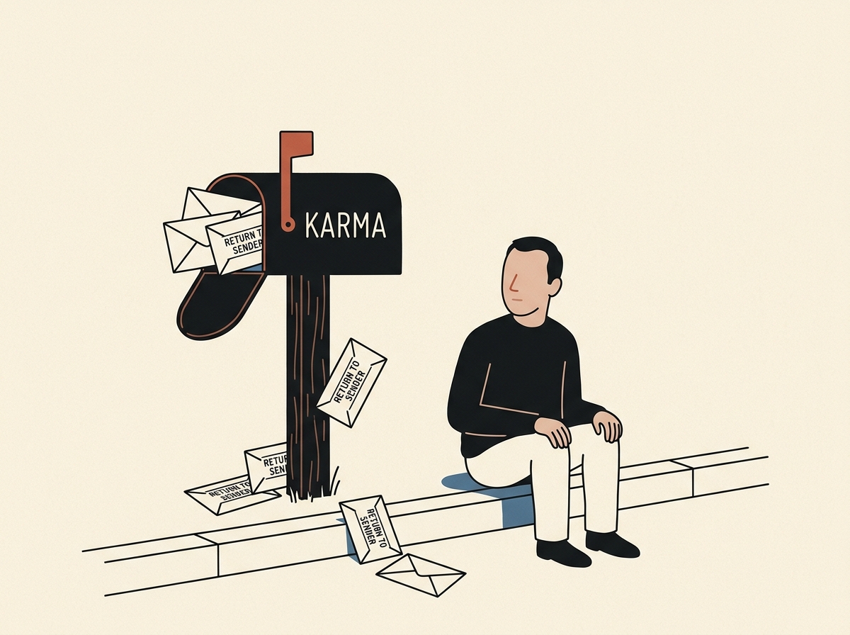 Een man zit op de stoeprand naast een brievenbus met het opschrift KARMA, vol brieven gestempeld RETURN TO SENDER.
